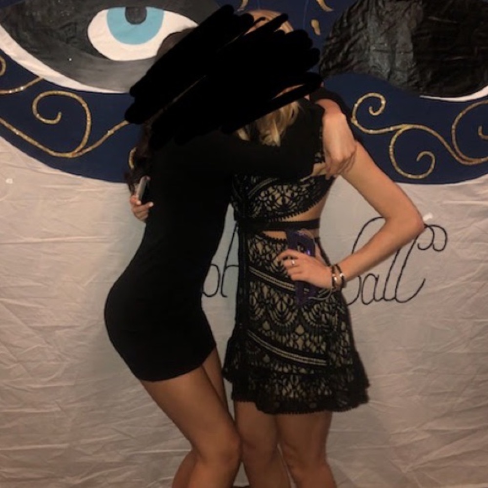 Black Lace Dress With Waist Detail & Open Back